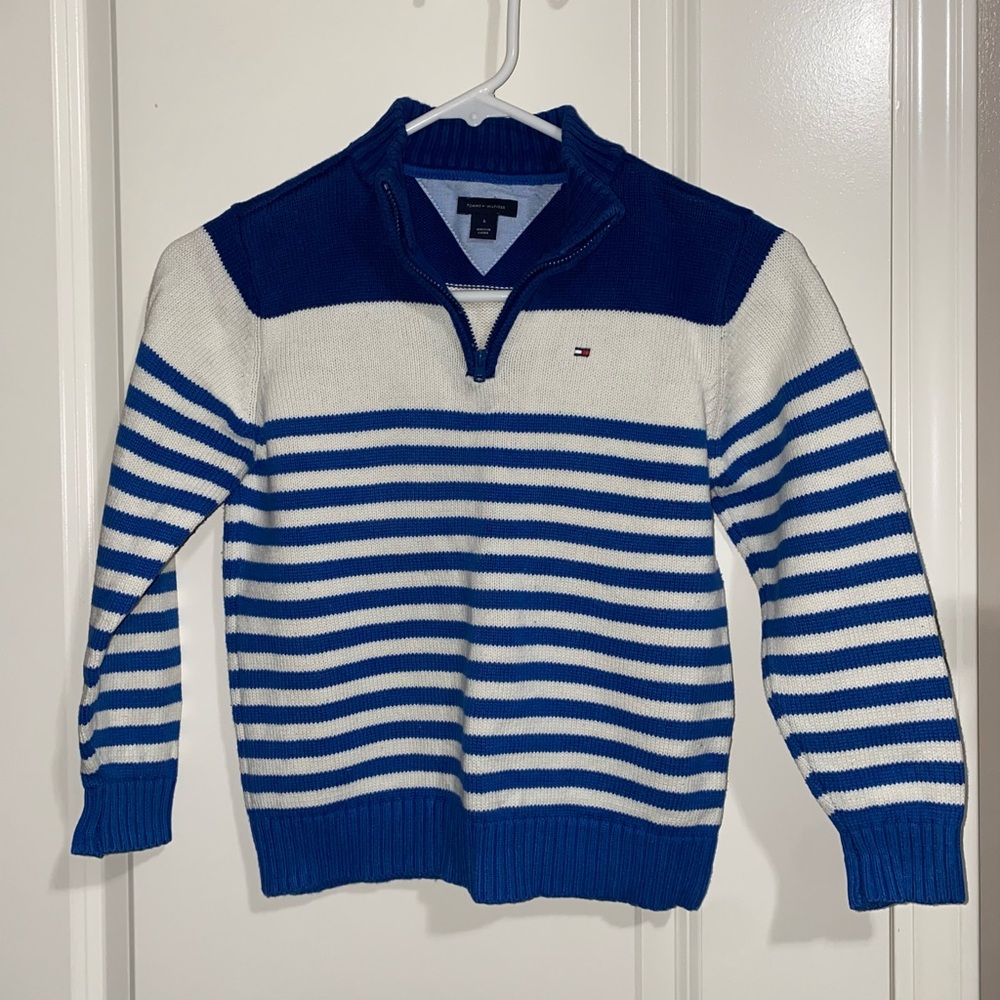 Tommy Hilfiger Men's Blue and White Zip-Up Sweater